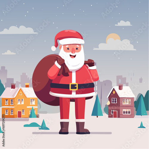 Père Noël souriant, avec sa hotte remplie de cadeaux, décor extérieur hivernal, illustration enfantine, mignon