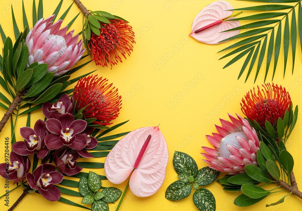 Naklejka premium Lush tropical flowers frame bright yellow design.