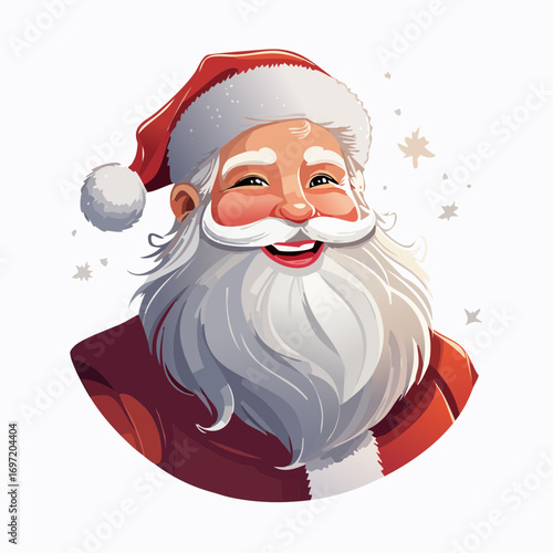 Père Noël souriant, portrait, illustration, barbe et  moustache blanche, tenue rouge, fond blanc