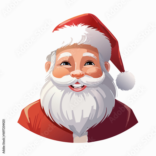 Père Noël souriant, portrait, illustration, barbe et  moustache blanche, tenue rouge, fond blanc