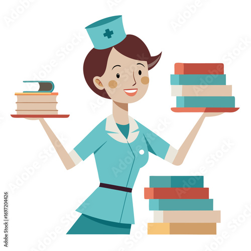 Nurse holding stacks of books, smiling kindly