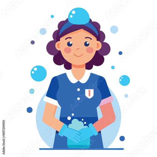 Female cleaner washing hands with soap