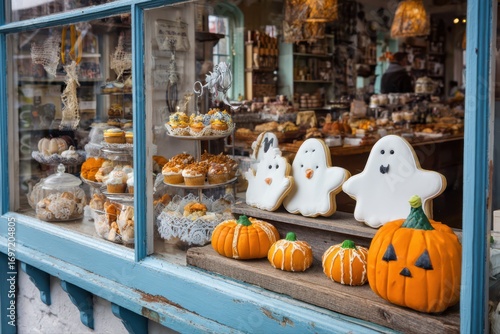 A cozy bakery window decorated for Halloween, featuring Halloween cookies on display.