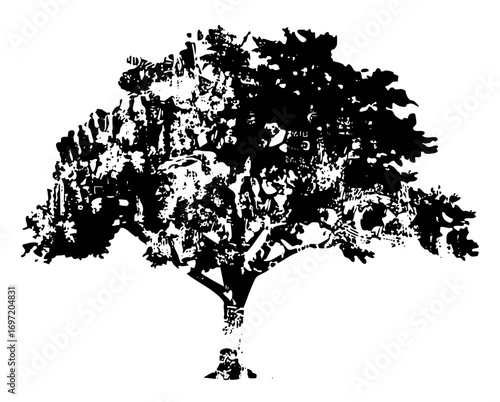 Vector Detailed black tree showcases a sprawling canopy and textured trunk.
