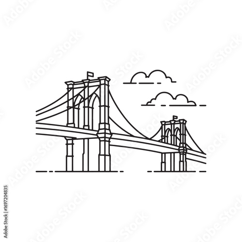 Linear Illustration of the Brooklyn Bridge with Cloud Accents a Minimalist Design Depiction of New York Icon