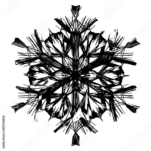 Vector Intricate black snowflake with radiating crystalline arms.