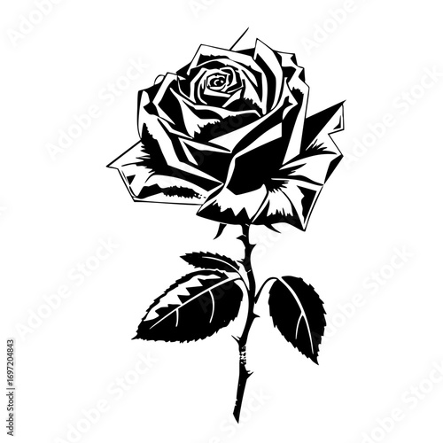 Vector Elegant black vector rose with leaves and thorns.