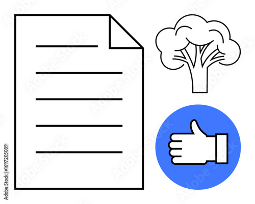 Paper with text lines, tree icon, and thumbs-up symbol. Ideal for sustainability, eco-friendliness, environmental responsibility, approval concepts, reports, documentation simple landing page