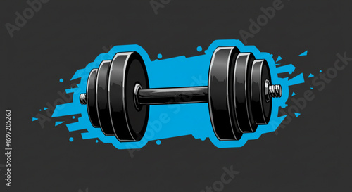 Illustration of a dumbbell with black plates and a textured blue background on a dark gray backdrop