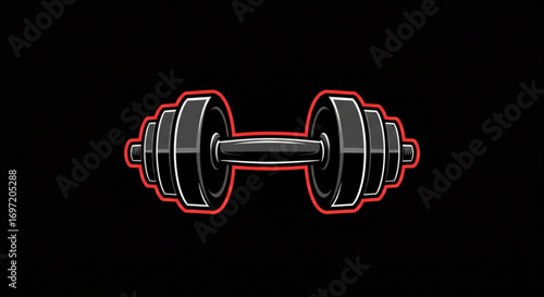 Illustration of a black dumbbell with red outline on a black background for strength training