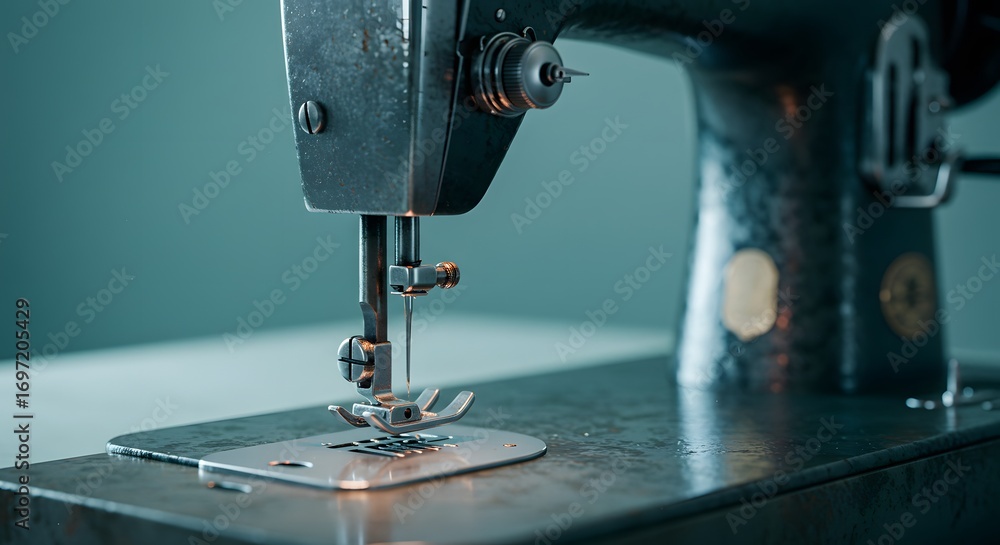 Fototapeta premium Closeup of a weathered vintage sewing machine focusing on its needle and presser foot