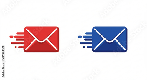 Two stylized envelopes one red and one blue with motion lines indicating fast delivery on a white background