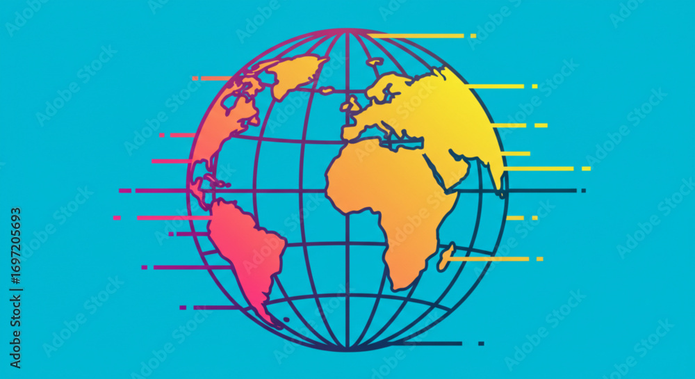 Fototapeta premium A vibrant gradient world globe with continents and latitude and longitude lines on a blue background