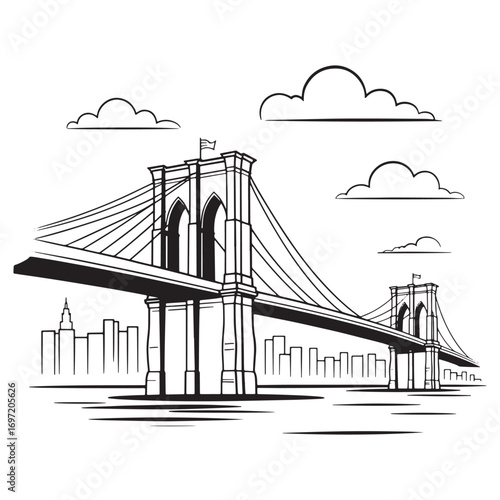 Brooklyn Bridge Ink Sketch Captures New York City Skyline and River Scenery Under Fluffy Clouds in a Detailed Black and White Drawing