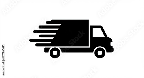 A black delivery truck with motion lines indicating speed against a white background illustration image