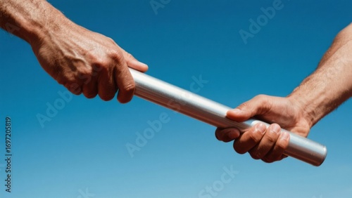 Business teamwork baton pass under blue sky symbol of leadership and success