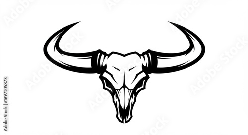 Stylized bull skull with large horns in black and white vector illustration design element art piece