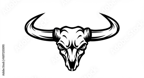 Illustration of a stylized bull skull with large curved horns in black and white outline style design