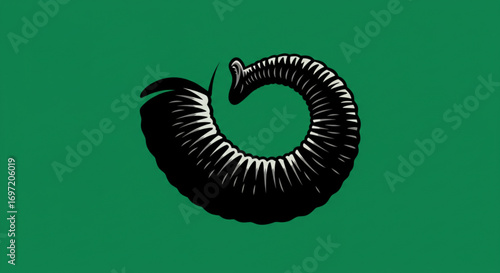 Illustration of a curled black horn with white lines on a green background in a stylized design