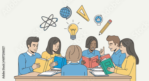 Diverse group of students studying together around a table with books and educational symbols, brainstorming and sharing ideas in a collaborative learning environment.
