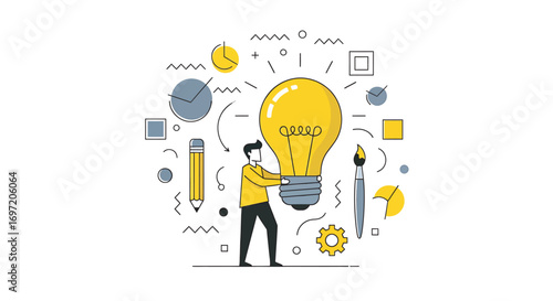 Person holding a light bulb surrounded by creative elements, symbolizing innovation and new ideas on a clean white backdrop, conveying a sense of inspiration.