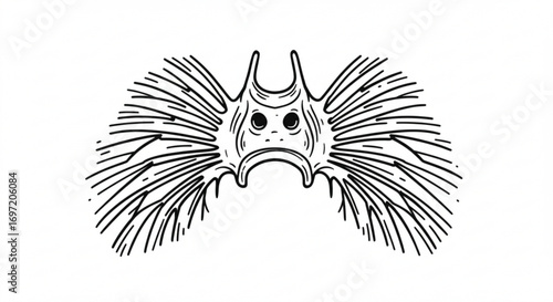 An illustration of a creature with radiating lines and a sad expression on a white background