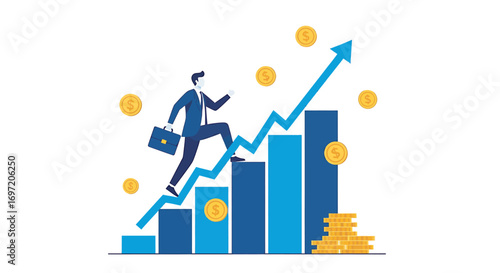 Businessman climbing stairs representing financial growth with coins and upward arrow, symbolizing success and achievement in business, optimistic.