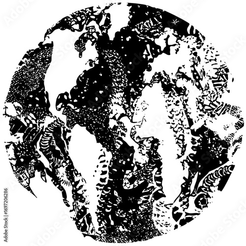 Vector Abstract globe depicts continents and oceans in a textured monochrome style.