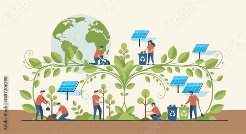 People planting trees and recycling waste to generate solar energy, showing commitment to environmental sustainability and a greener future.