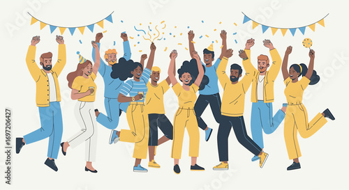 Diverse group of friends celebrating with confetti and party hats at an indoor event, showcasing joy and togetherness in a festive atmosphere.