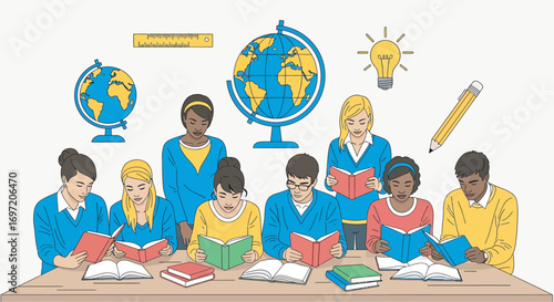 Diverse students reading books together at a table in a classroom, surrounded by educational items, creating a collaborative and studious atmosphere.