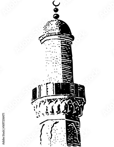 Vector Detailed of a historic mosque minaret with moon finial.