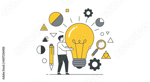 Man embraces large lightbulb surrounded by gears and charts, representing innovation and problemsolving in a modern, minimalist style, conveying creativity and ingenuity.