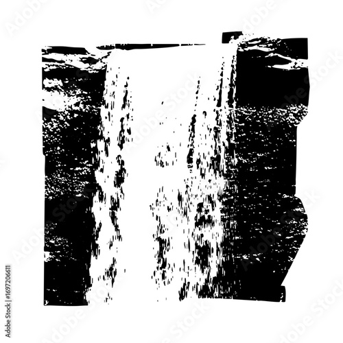 Vector Dramatic waterfall features cascading water between rocky cliffs.