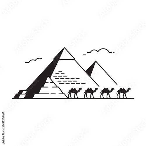Egyptian Adventure Silhouette Featuring Pyramids and a Camel Caravan Traversing the Desert Landscape in Minimalist Black and White Design