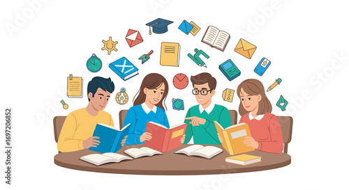 Students studying together at a round table surrounded by floating school supplies, showcasing collaborative learning and academic pursuit in a bright, cheerful style.