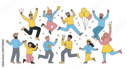 Group of diverse people celebrating with confetti and balloons, jumping and cheering at a party, expressing joy and excitement in a festive atmosphere.