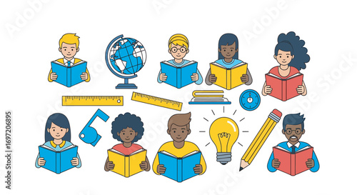 Diverse group of students reading books in classroom surrounded by learning tools, showcasing education and knowledge with bright, cheerful atmosphere.