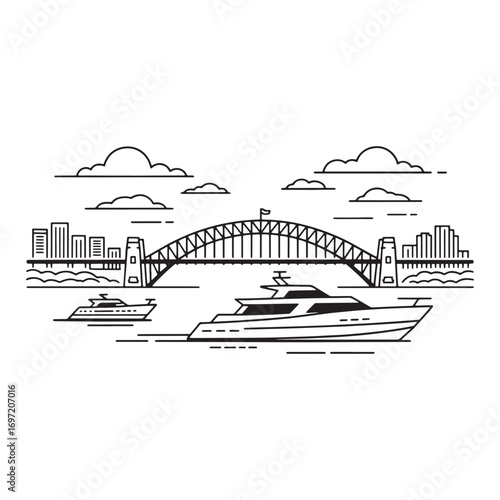 Sydney Harbour Bridge and Yachts Black and White Minimalist Art Line Drawing