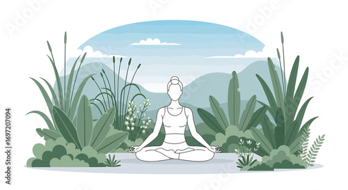 Woman meditating in lotus position surrounded by lush greenery in a serene garden, finding peace and tranquility in nature's embrace.