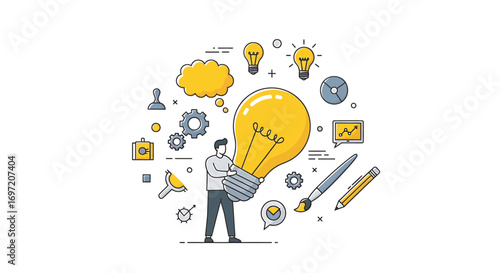 Man holding large lightbulb surrounded by creative tools representing innovative ideas and solutions on a clean white surface, symbolizing inspiration and progress.