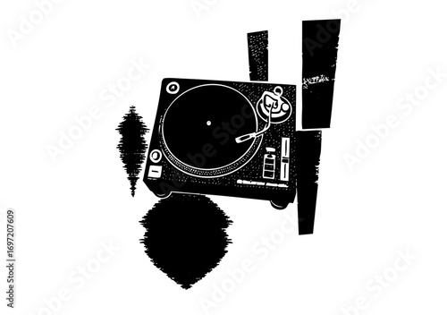 Vector Vintage turntable with sound waves and speaker elements.