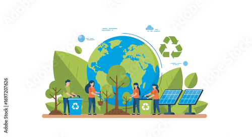 People collaborate on environmental projects, planting trees, recycling waste, and installing solar panels to promote sustainability and a greener future.
