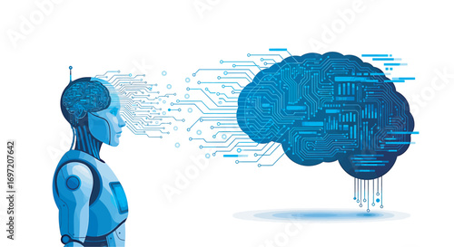 Robot communicates with brain through digital interface in futuristic laboratory, showcasing artificial intelligence and cognitive technology.