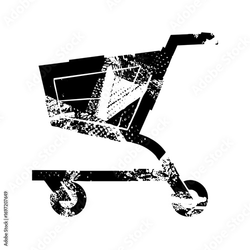Vector Distressed shopping cart depicts retail and consumerism.