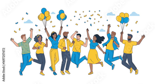 Diverse group of people celebrating with balloons and confetti at a party, expressing joy and excitement in a festive atmosphere.