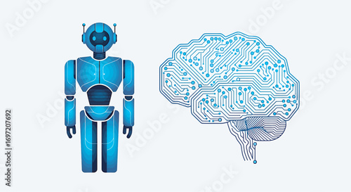 Blue robot standing next to brain circuitry representing artificial intelligence on white backdrop, symbolizing future technology and innovation.
