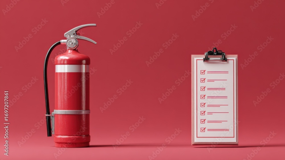 Obraz premium Red Fire Extinguisher with Checklist on a Vibrant Red Background