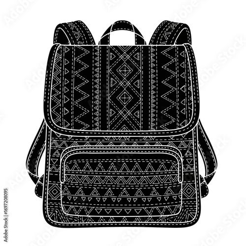 Black backpack with white geometric tribal patterns and stitching detail