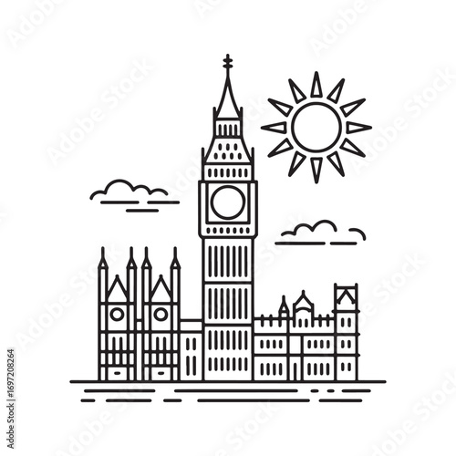 Linear Illustration of London Featuring Big Ben and the Houses of Parliament Under a Shining Sun in Black and White